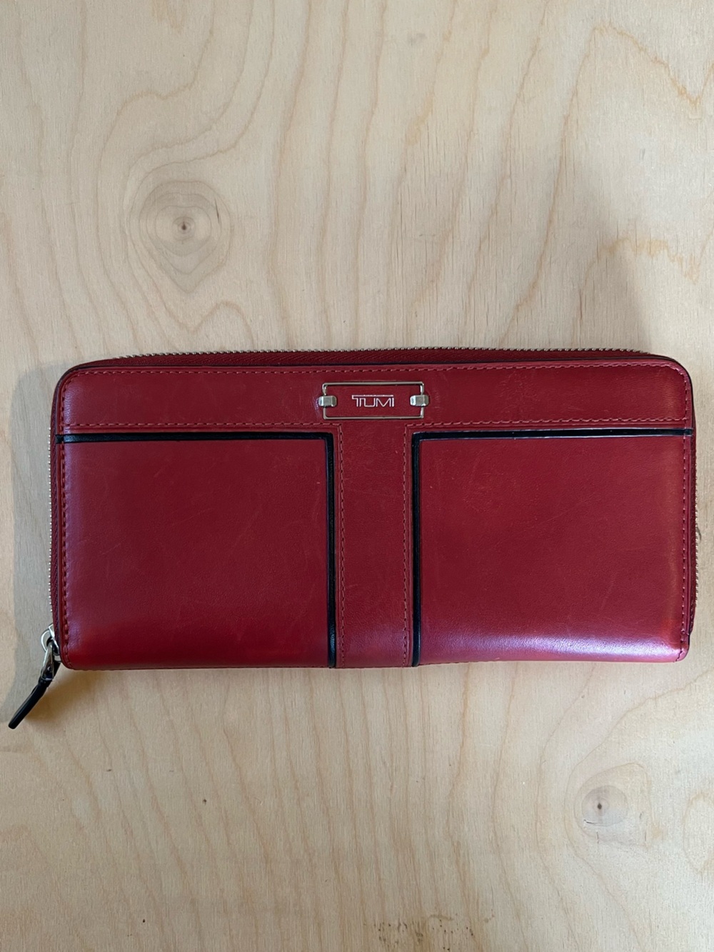 Tumi Red Leather Zip-Around Wallet with Black Trim